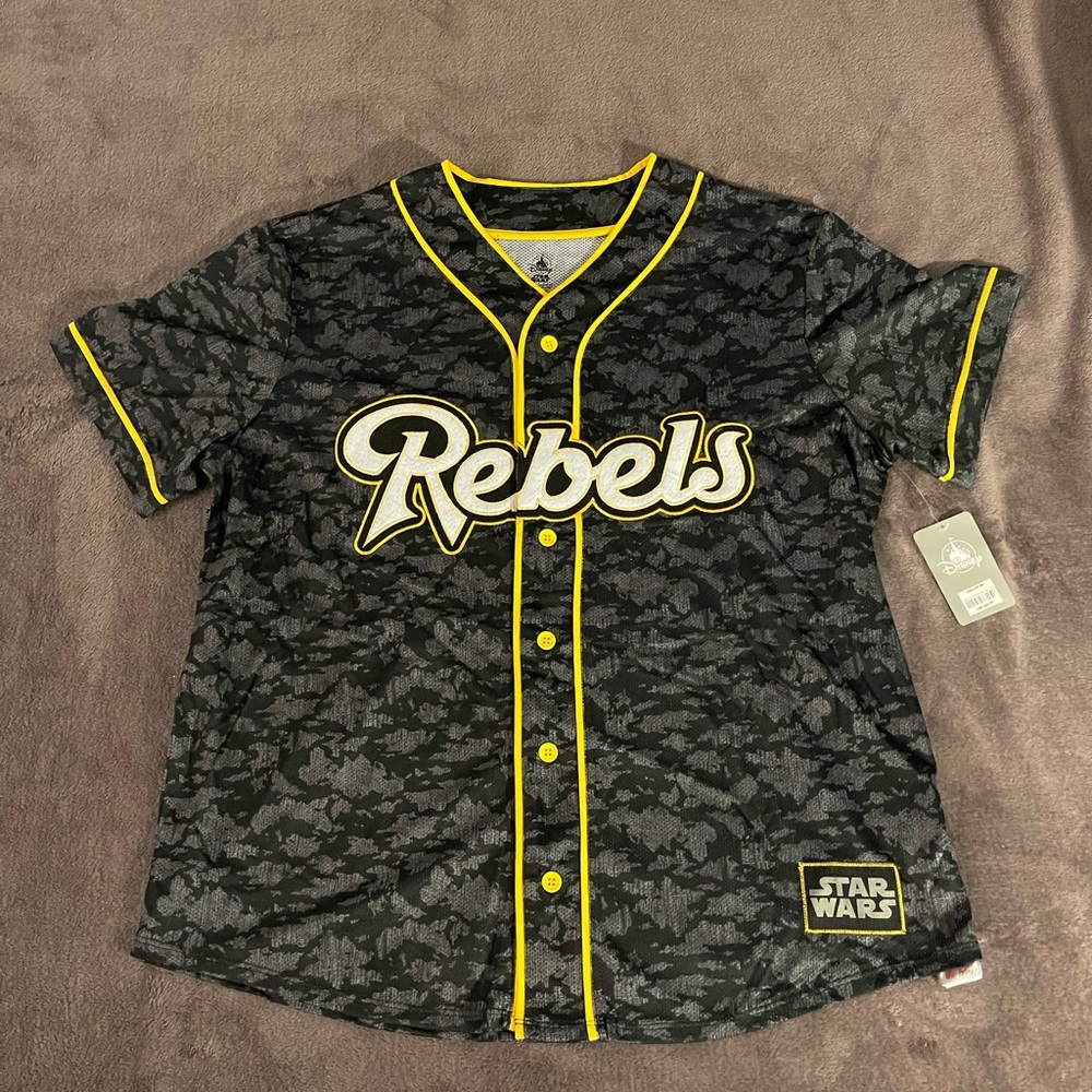 DISNEY WORLD STAR WARS REBELS BLACK & GOLD CAMO BASEBALL JERSEY MENS LARGE
